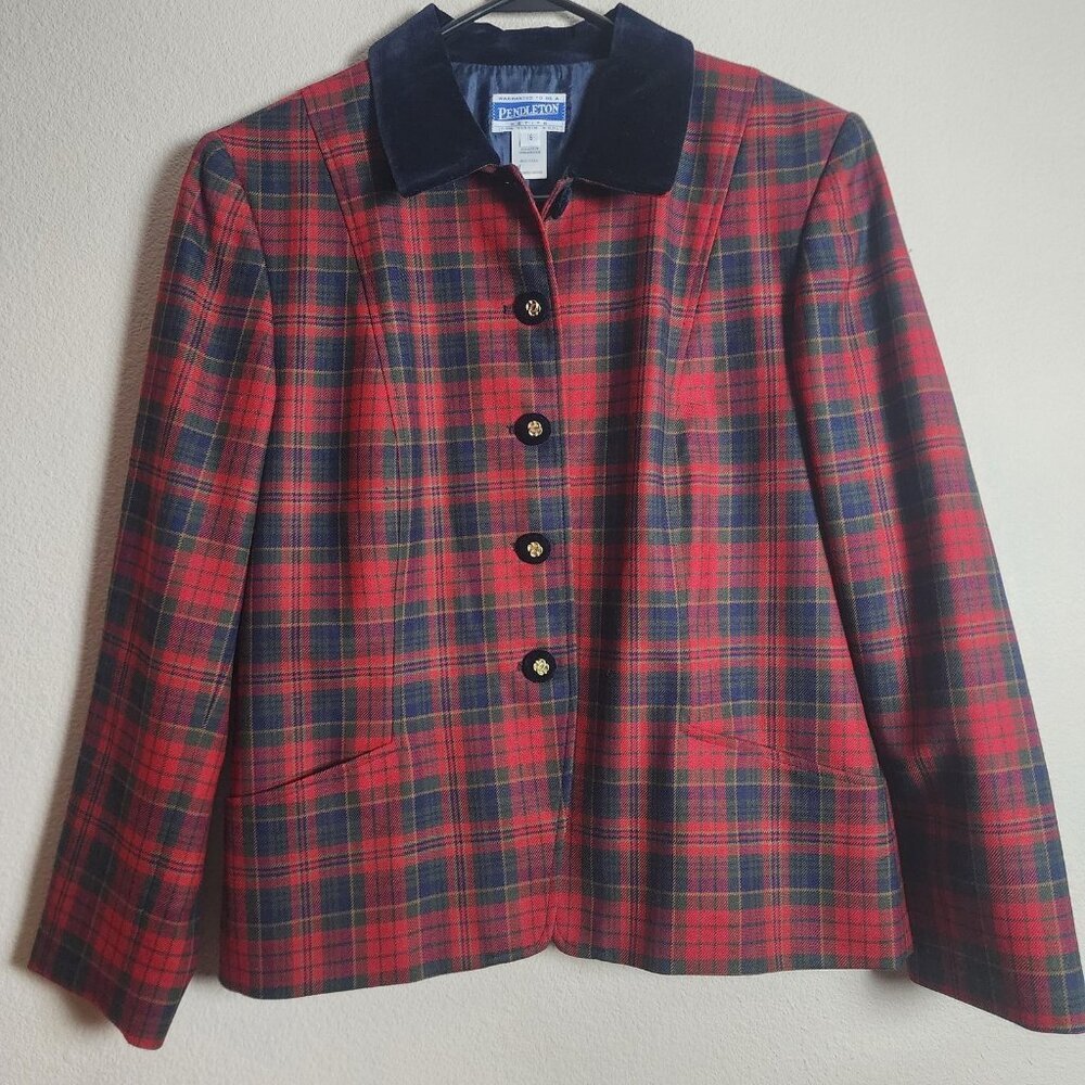 Vintage Pendleton Jacket Womens 16 Petite Red Plaid Wool Velvet Collar 90s
